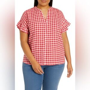 CROWN & IVY Yarn Dyed Doleman Sleeve Split Neck Top in Red Gingham, XL
